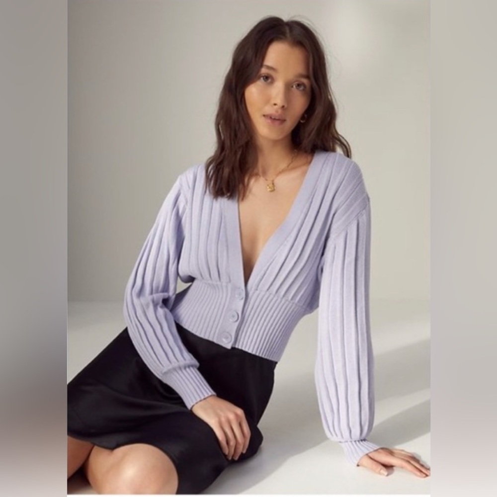 Wilfred Aritzia Plunge Front Cardigan Ribbed Merino Wool Medium Violet